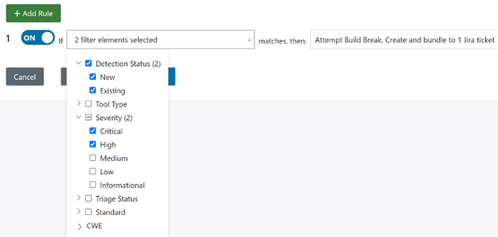A screenshot of rule-based policies used to automate CI pipelines for SAST scans